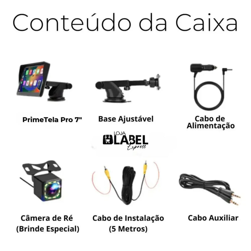 Tela Multimídia com CarPlay PrimeTela Pro 7" + Câmera de Ré - LabelExpress